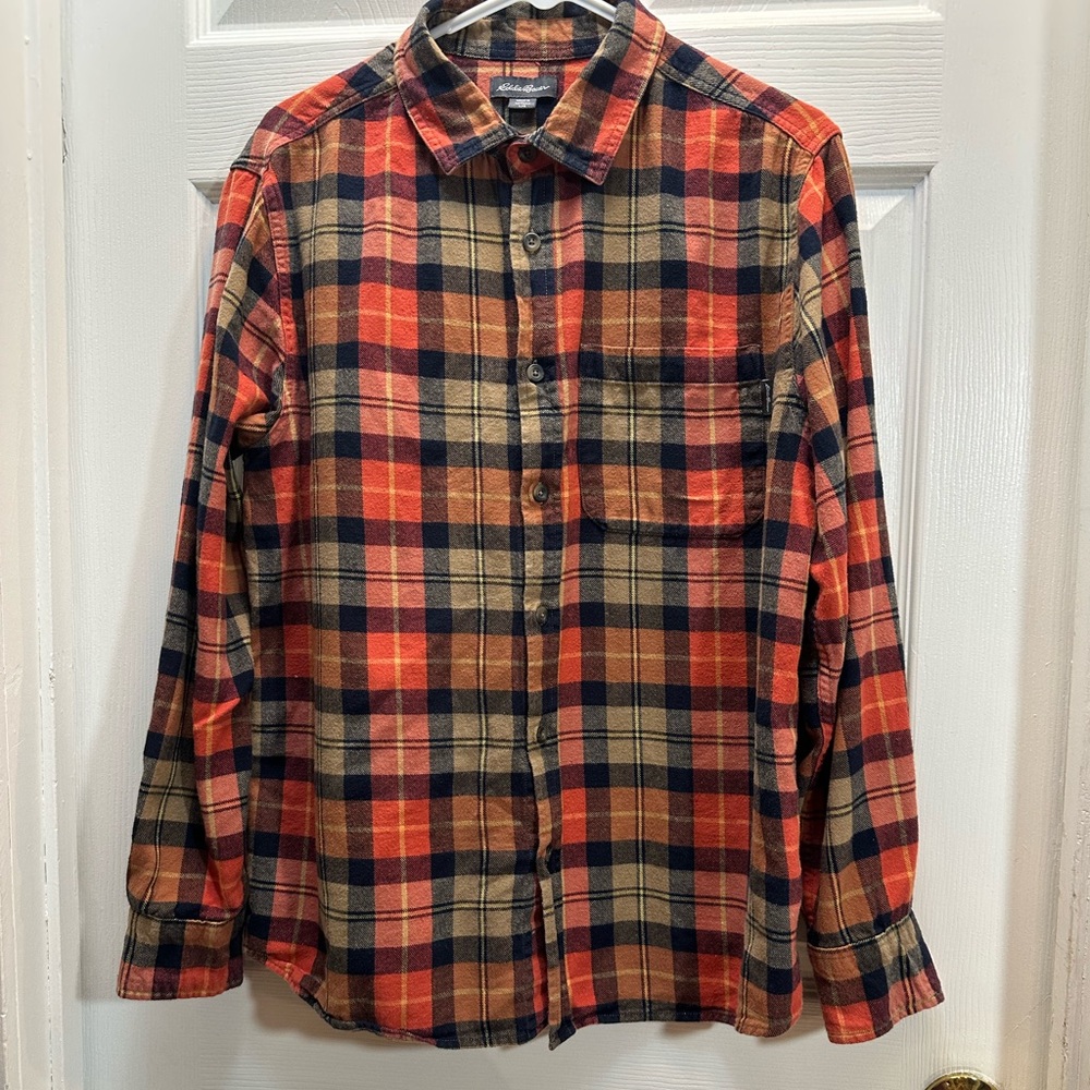 Eddie Bauer Men's Plaid Flannel Shirt - Red, Tan & Navy